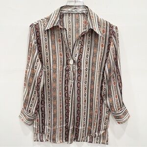 Grifflin Paris Printed Stripe Notched Neck Blouse Shirt Small